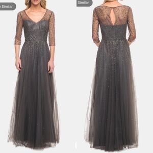 La Femme Gunmetal Gray Illusion Sweetheart Neck 3/4 Sleeve Jeweled Tulle Gown